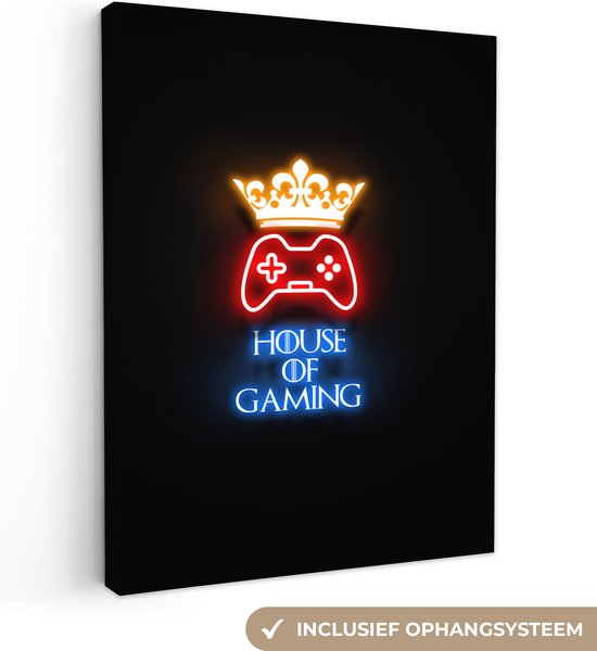Canvas Schilderij Gaming quotes - Neon - House of gaming - Kroon - Tekst - 30x40 cm - Wanddecoratie