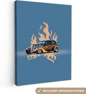 Tableau sur toile Voiture - Vintage - Blauw - Flammes - 120x160 cm - Décoration murale XXL