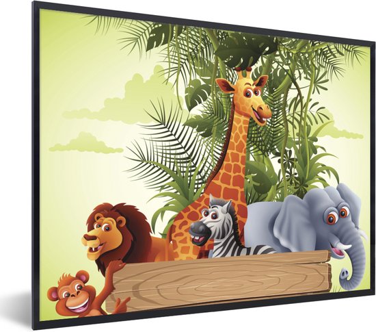 Fotolijst incl. Poster - Jungle dieren - Natuur - Planken - Kinderen - Giraffe - 80x60 cm - Posterlijst