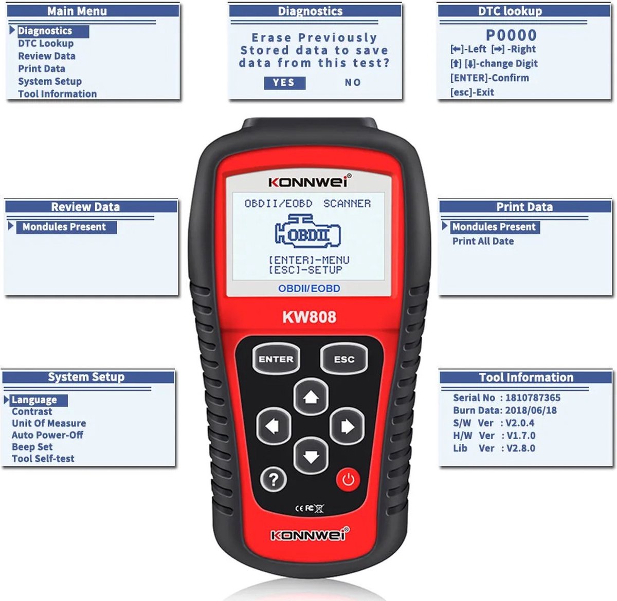 Accessoire téléphonie pour voiture Non renseigné KONNWEI KW820 voiture Code  de défaut Lecteur EOBD OBDII OBD2 testeur de diagnostic outil d'analyse