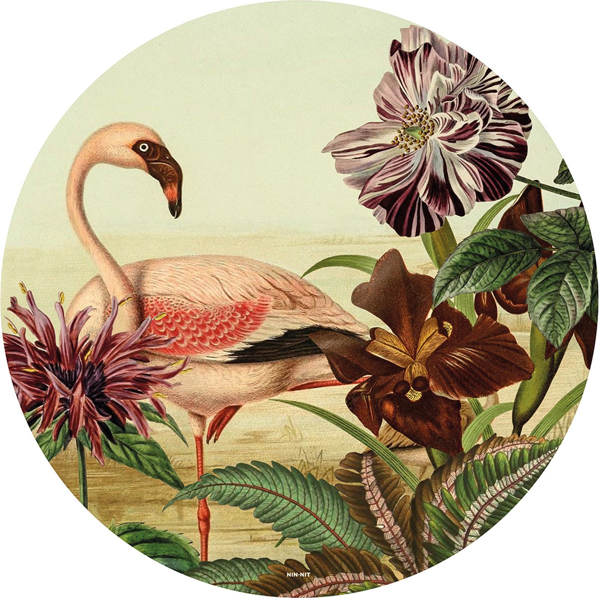 NIN-NIT - Meadow Flamingo wall-art - Wandcirkel - muurcirkel Ø60 cm - dibond - aluminium - botanisch - bohemian - eclectisch - flamingo - natuurprint - bloemen - roze - groen - bruin - paars - beige - multicolor