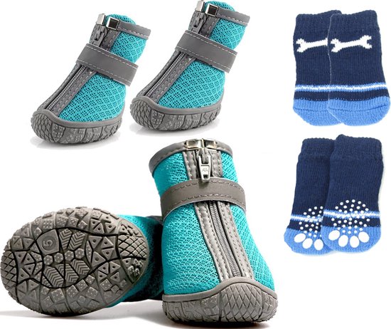 4 + 4 Stuks - Hondenschoenen En Hondensokken Set - Hondenlaarzen Met Rits En Bandje - Pootbeschermer - Puppy Slofjes - Antislip - Ademend Met Reflecterende Bandjes - Inclusief Bijpassende Honden Sokken - Maat 4 - M - Blauw