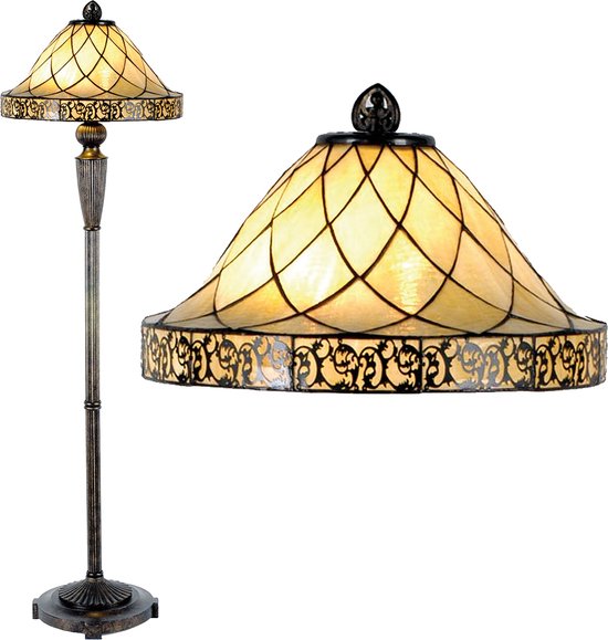 HAES DECO - Tiffany Vloerlamp Ø 46x168 cm Beige Glas Driehoek Staande Lamp Staanlamp Tiffany Lamp