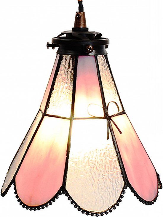 HAES DECO - Tiffany Hanglamp Ø 18x90 cm Roze Glas Metaal Hanglamp Eettafel Hanglampen Eetkamer Glas in Lood