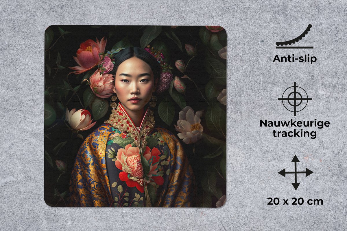 Muismat 20x20 cm - Mousepad Vrouw - Asian - Kimono - Bloemen - Portret - Muismatten