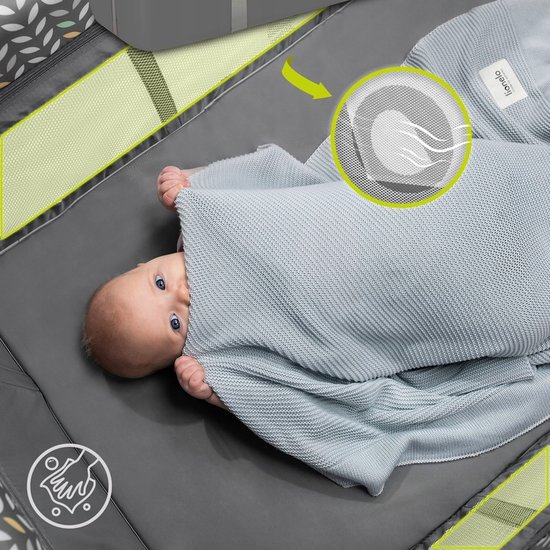 LIONELO Sven Plus Reisbedje 4-in-1 Campingbedje met 2 Hoogtes & Matras – Inclusief Verschoontafel, Speelboog, Organizer & Moskitonet – Compact Opvouwbaar met Wielen, LockGuard & Draagtas, Geel Scandi