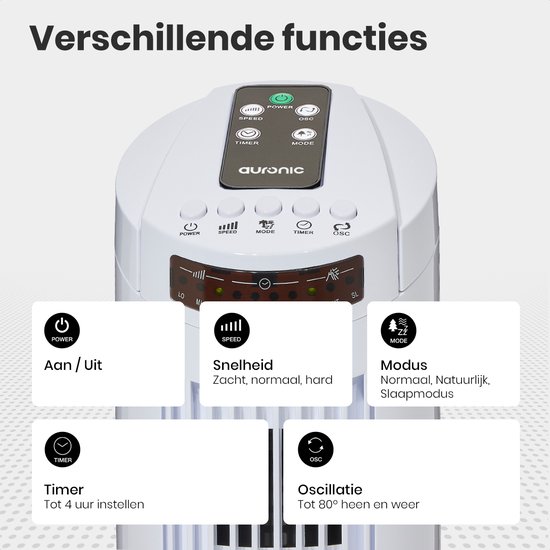 Auronic Torenventilator - Staande Ventilator met Afstandsbediening - Timer - 50W - 45dB - 74cm - Wit - Auronic