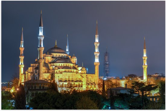 WallClassics - Poster (Mat) - Sultan AhmetMoskee in de Nacht in Istanbul, Turkije - 90x60 cm Foto op Posterpapier met een Matte look