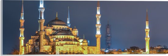 WallClassics - Acrylglas - Sultan AhmetMoskee in de Nacht in Istanbul, Turkije - 60x20 cm Foto op Acrylglas (Met Ophangsysteem)