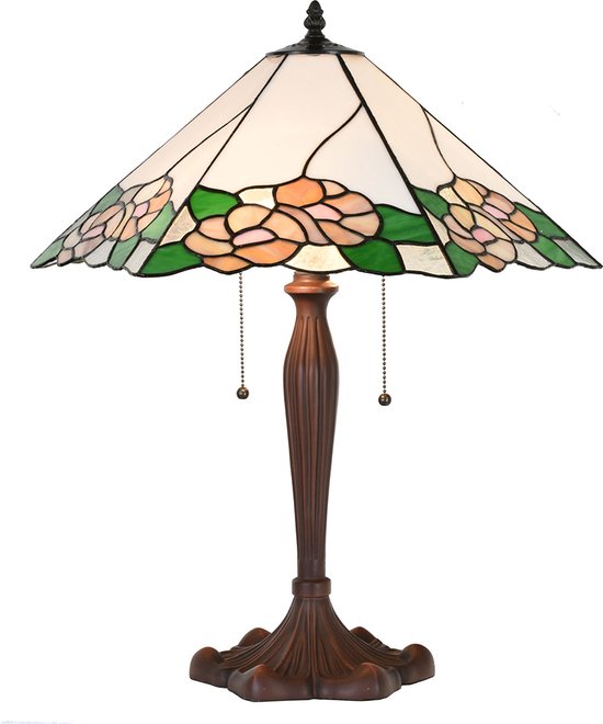 HAES DECO - Tiffany Tafellamp 44x61x64 cm Wit Groen Glas Kunststof Rond Bloemen Tiffany Bureaulamp Tiffany Lampen Glas in Lood