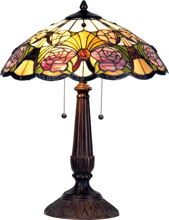 HAES DECO - Tiffany Tafellamp Ø 44x57 cm Geel Groen Glas Driehoek Bloemen Tiffany Bureaulamp Tiffany Lampen Glas in Lood