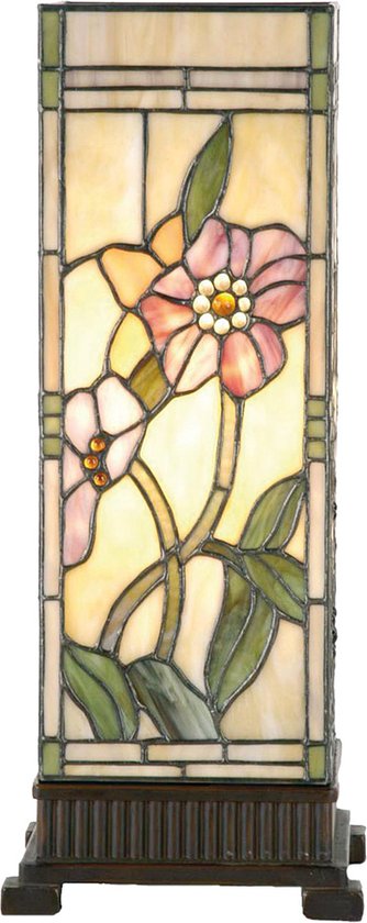 HAES DECO - Tiffany Tafellamp 18x18x45 cm Beige Roze Glas Rechthoek Bloemen Tiffany Bureaulamp Tiffany Lampen Glas in Lood