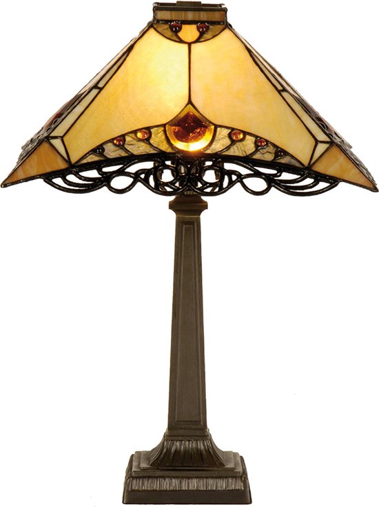 HAES DECO - Lampe de Table Tiffany 36x36x50 cm Marron Beige Glas Driehoek Lampe de Bureau Tiffany Lampes Plombs Glas