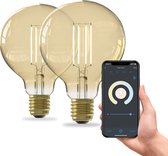 Calex Slimme Lamp - Set van 2 stuks - Wifi LED Filament Verlichting - Globe 9,5cm - E27 - Smart Lichtbron Goud- Dimbaar - Warm Wit licht - 7W