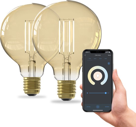 Calex Smart Lamp - Set de 2 pièces - Siècle des Lumières Filament LED Wifi - Globe 9.5cm - E27 - Smart Light Source Or- Dimmable - Lumière Wit Chaud - 7W