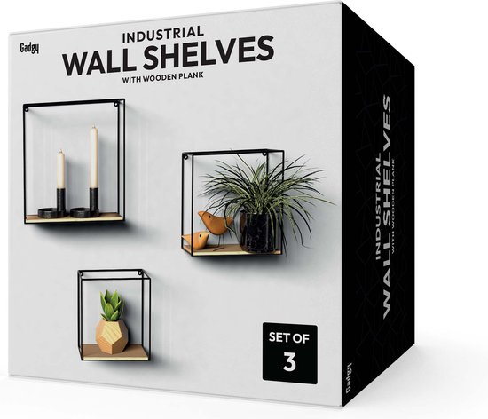 Doos van Gadgy 'Industrial Wall Shelves' met afbeelding van drie gevulde wandrekken.