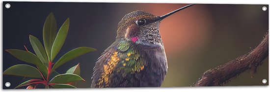 Tuinposter – Groene Juweelkolibrie Vogel op Tak langs Groen Blad - 120x40 cm Foto op Tuinposter (wanddecoratie voor buiten en binnen)