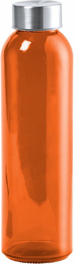 Glazen waterfles/drinkfles/sportfles - oranje transparant - met RVS dop - 500 ml
