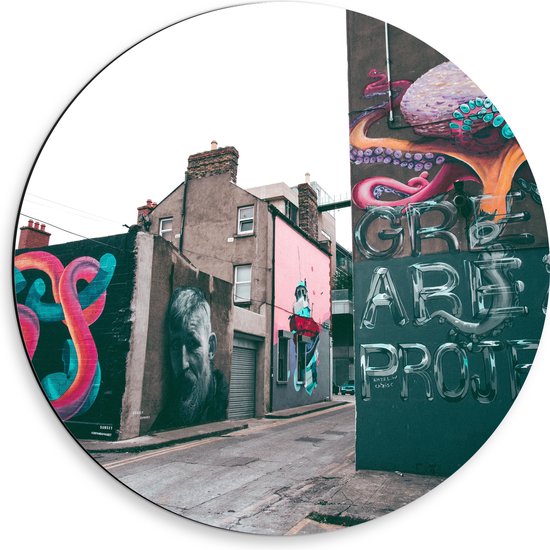 Dibond Muurcirkel - Straat vol met Graffiti - 50x50 cm Foto op Aluminium Muurcirkel (met ophangsysteem)