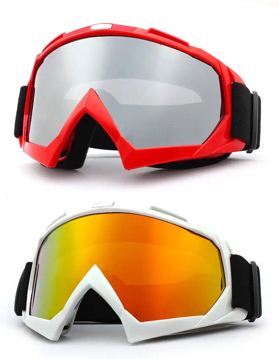Skibrillen - Snowboardbrillen - Crossbrillen - Set van twee stuks - Rood Zilver Spiegel - Wit Goud Rood Spiegel