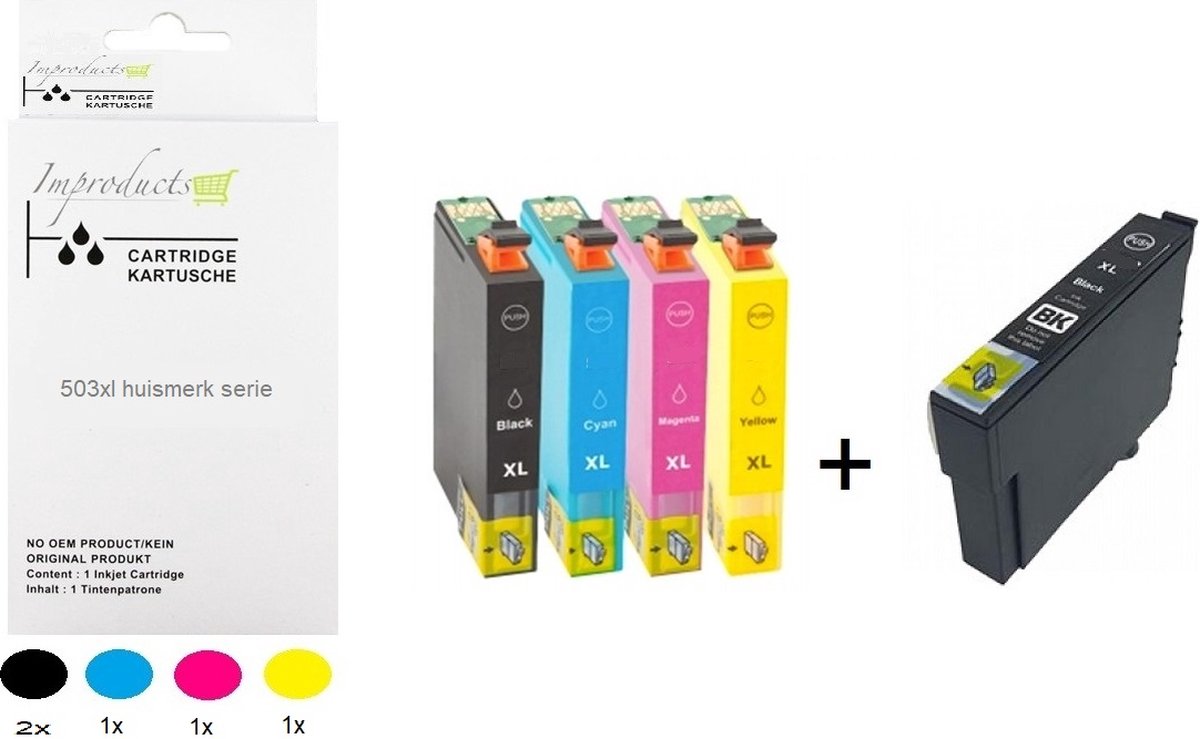 Improducts® 1x + zwart multipack 503xl / 503 inkt cartridges geschikt voor Epson Expression Home XP5200, XP5205, WorkForce WF2960DWF, WF2965DWF (503XL) 5 cartridges