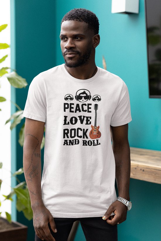 Rick & Rich - T-Shirt Peace Love Rock And Roll - T-shirt met opdruk - T-shirt Muziek - Tshirt Music - Wit T-shirt - T-shirt Man - Shirt met ronde hals - T-Shirt Maat S
