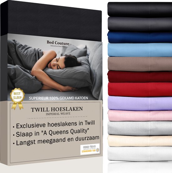 Bed Couture - Hoeslaken van 100% Katoen - Lits-Jumeaux extra breed 200x200cm - Hoekhoogte 30cm - Ultra Zacht en Duurzaam - Zwart