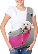 Pet Dog Sling Carrier, Hand Free Drawstring Dog Papoose with Adjustable Strap, Breathable Mesh Bag for Puppy Cat, Crossbody Satchel Dog Purse with Pocket for Outdoor Travel, Rose Red, Small