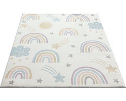 the carpet Beat Kids modern zacht kindertapijt, zachte pool, gemakkelijk te reinigen, kleurecht, regenboog & sterren motief, crème met regenbogen en wolken, 80 x 150 cm
