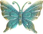 1x Tuindecoratie vlinder van metaal turquoise/goud 22 cm - Metalen schutting decoratie vlinders - Dierenbeelden tuindecoratie