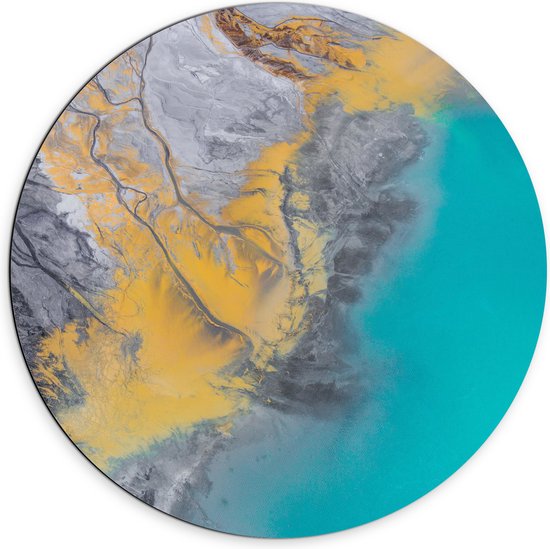 Dibond Muurcirkel - Abstract Bruin, Geel en Blauwe Vlekken - 70x70 cm Foto op Aluminium Muurcirkel (met ophangsysteem)
