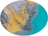Dibond Ovaal - Abstract Bruin, Geel en Blauwe Vlekken - 68x51 cm Foto op Ovaal (Met Ophangsysteem)