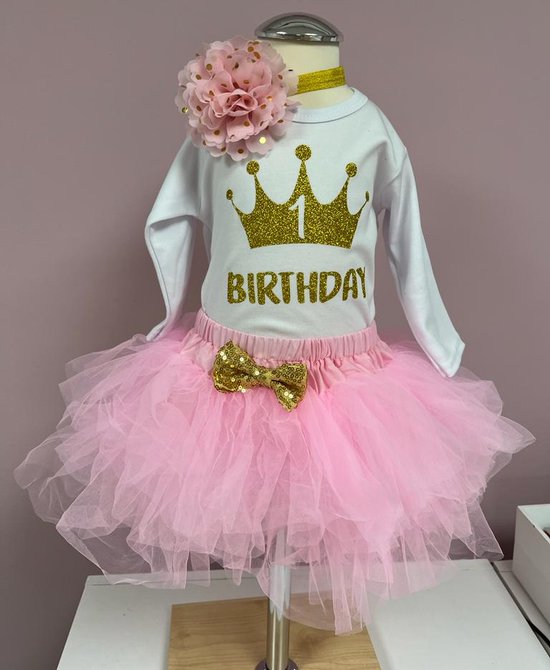 Verjaardag outfit-verjaardag setje-meisje-girl-eerste verjaardag-1 jaar-jarig-verjaardag jurk-kleedje-feestkleding-tutu-roze-set Denise (mt 86)