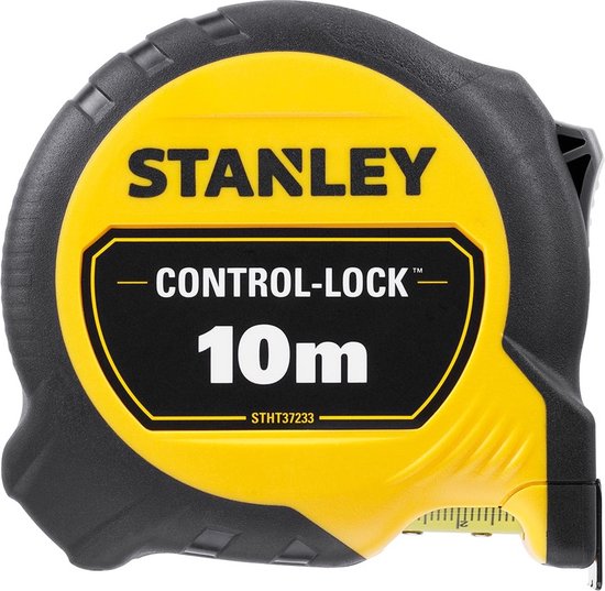 Gele Stanley rolmaat met zwarte behuizing. Tekst 'STANLEY CONTROL-LOCK 10m'.