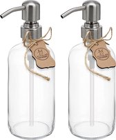 Distributeur de savon 'Sarajevo' en bouteille ronde en Verres transparent Boston pour savon liquide et lotion avec tête de pompe en acier inoxydable en Argent brossé (2 pièces de 500 ml)