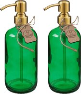 Zeepdispenserset van groene glazen fles met 304 roestvrijstalen pompkop in geborsteld goud (2 stuks van elk 500 ml)