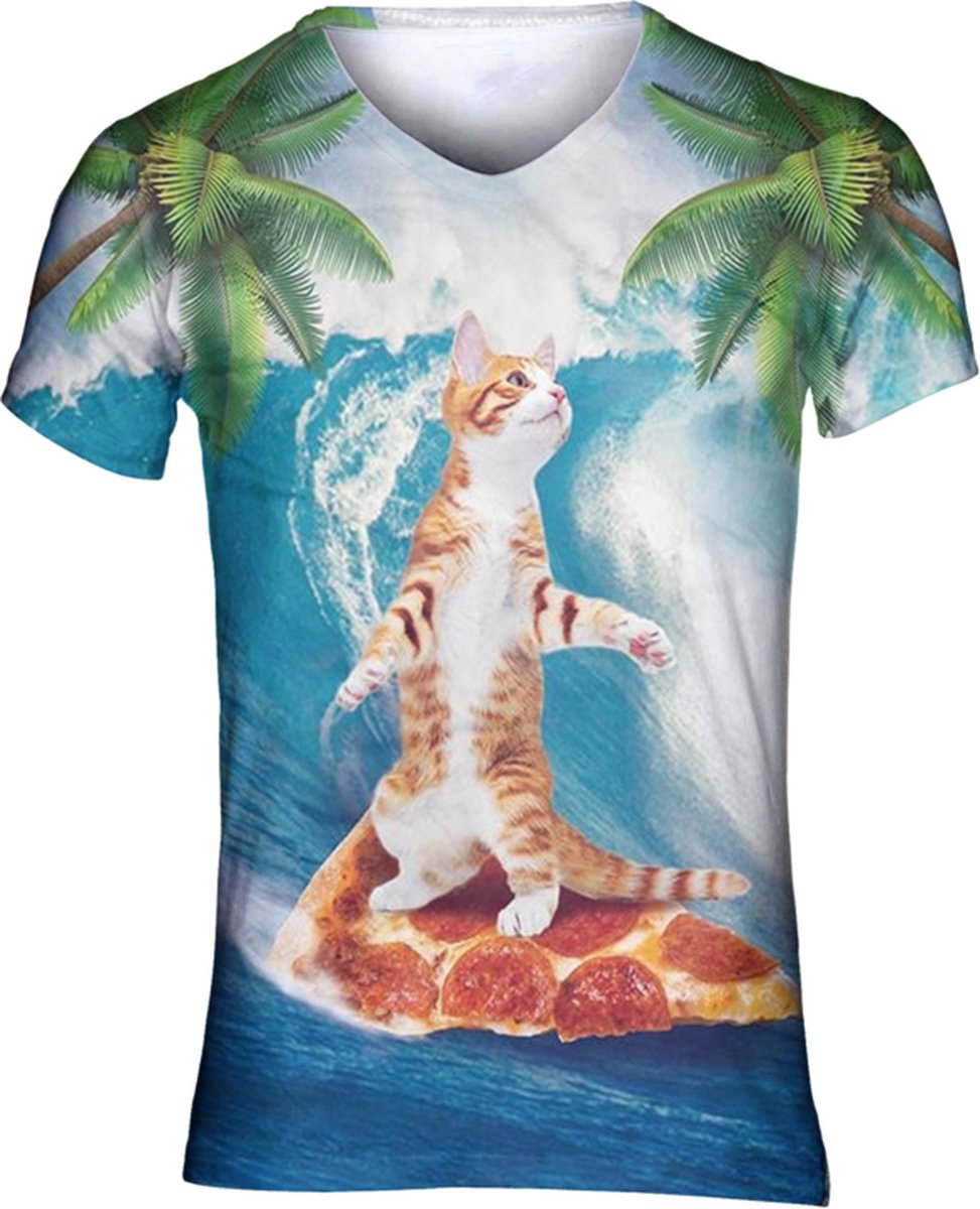 Pizza surfer kat Maat S V - hals - Festival shirt - Superfout - Fout T-shirt - Feestkleding - Festival outfit - Foute kleding - Kattenshirt - Kleding fout feest - Foute party kleding