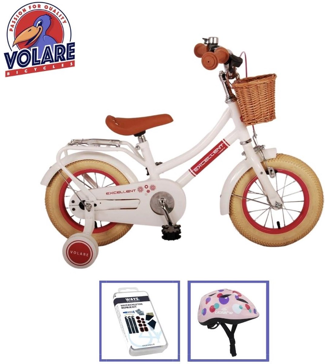 Volare Kinderfiets Excellent - 12 inch - Wit - Inclusief fietshelm & accessoires