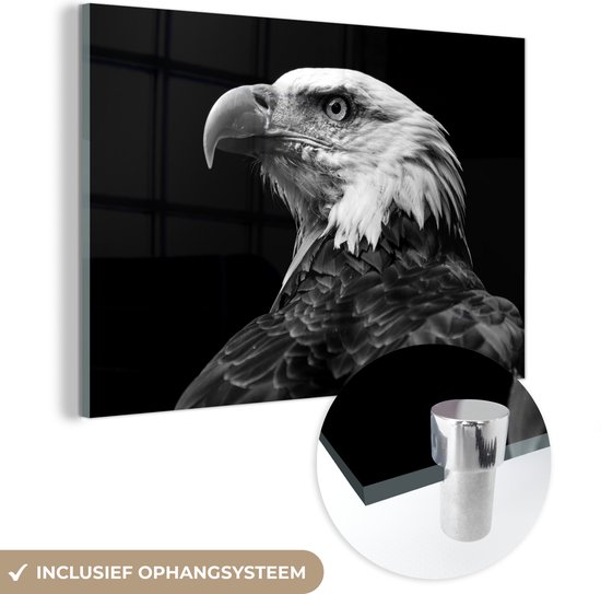 MuchoWow® Glasschilderij 90x60 cm - Schilderij acrylglas - Profiel van een adelaar op een zwarte achtergrond - zwart wit - Foto op glas - Schilderijen