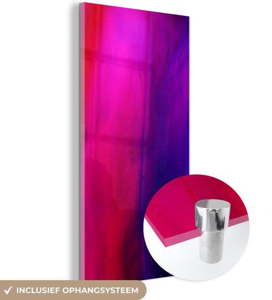 MuchoWow® Glasschilderij 80x160 cm - Schilderij acrylglas - Kleurstof - Roze - Paars - Abstract - Foto op glas - Schilderijen