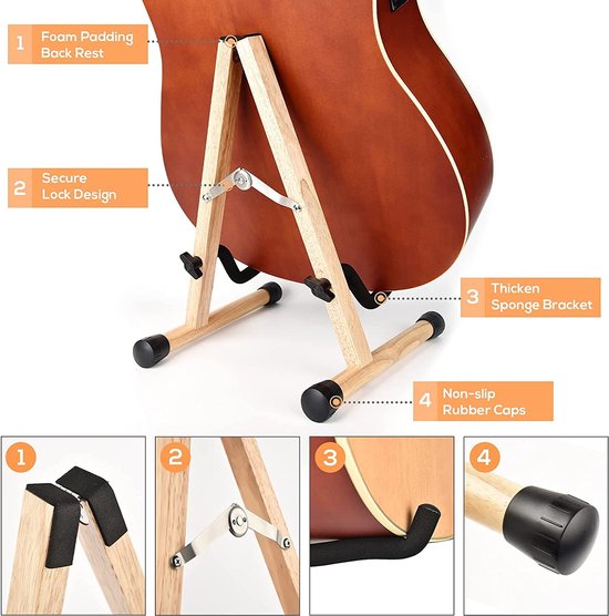LEKATO Akoestische gitaarstandaard, hardhouten gitaarstandaard voor elektrische gitaar, bas met schuimvulling voor gitaren, basgitaren, cello banjo, mandoline, ukelele (zwart walnoothout