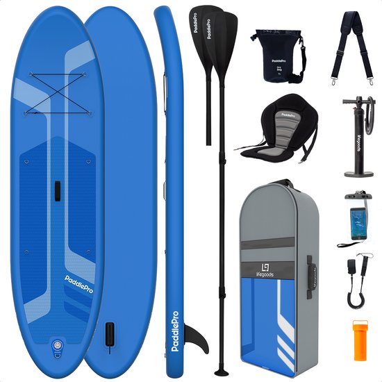 LifeGoods SUP Board - Luxe Set - met Zitje - Opblaasbaar Paddle Board - Max. 135KG - 320x81cm - Blauw