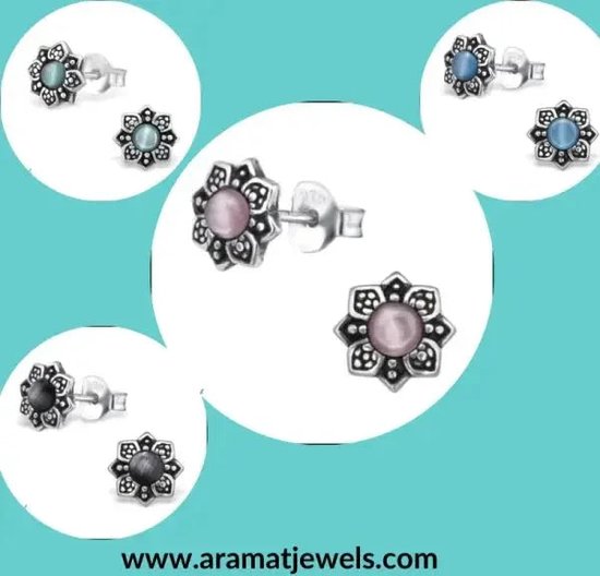 Aramat jewels ® - Aramat jewels oorbellen bloem cat eye 925 zilver 7mm licht roze