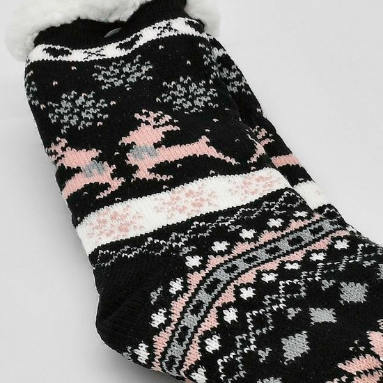 Merino Wollen sokken - Zwart met Roze Rendier - maat 35/38 - Huissokken - Antislip sokken - Warme sokken – Winter sokken