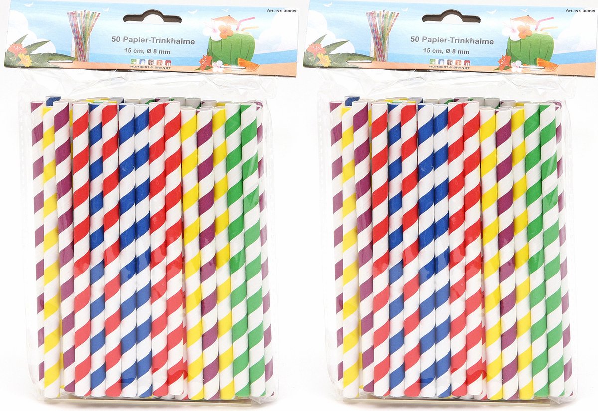 Drinkrietjes - papier - set 100x - multicolor kleuren - 15 cm - verjaardag/feestje - Dia 8 mm