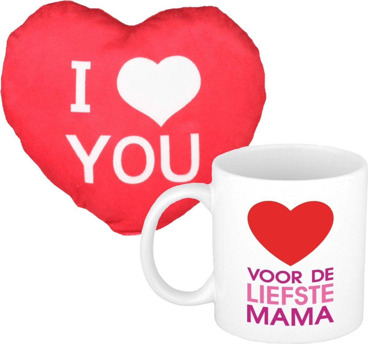 Voor de liefste mama - mok/beker - 300 ml - incl. sierkussentje hart vorm - 12 cm
