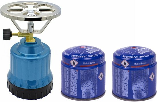 Camping kookstel - kunststof - blauw - incl. 2x gas navulling priktank - 190 gram