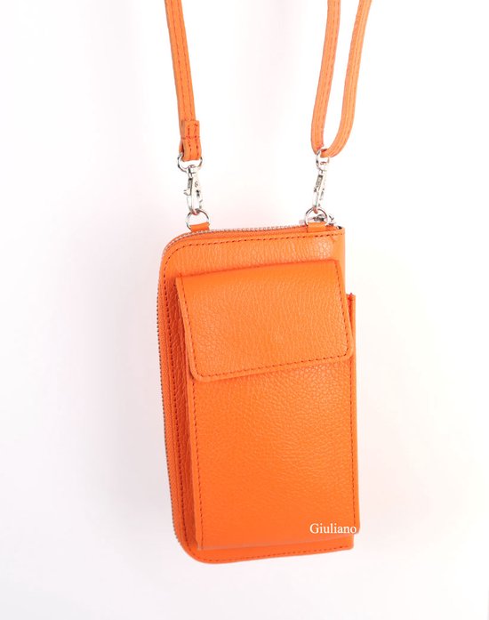Lederen portemonnee/telefoontasje - oranje - made in Italy