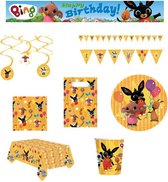 Bing het konijn - Feestpakket - Versiering - Verjaardag - Kinderfeest – Vlaggenlijn - Happy Birthday slinger - Plafondecoratie swirl hangers - Servetten – Tafelkleed - Bordjes - Bekers - Uitdeelzakjes.
