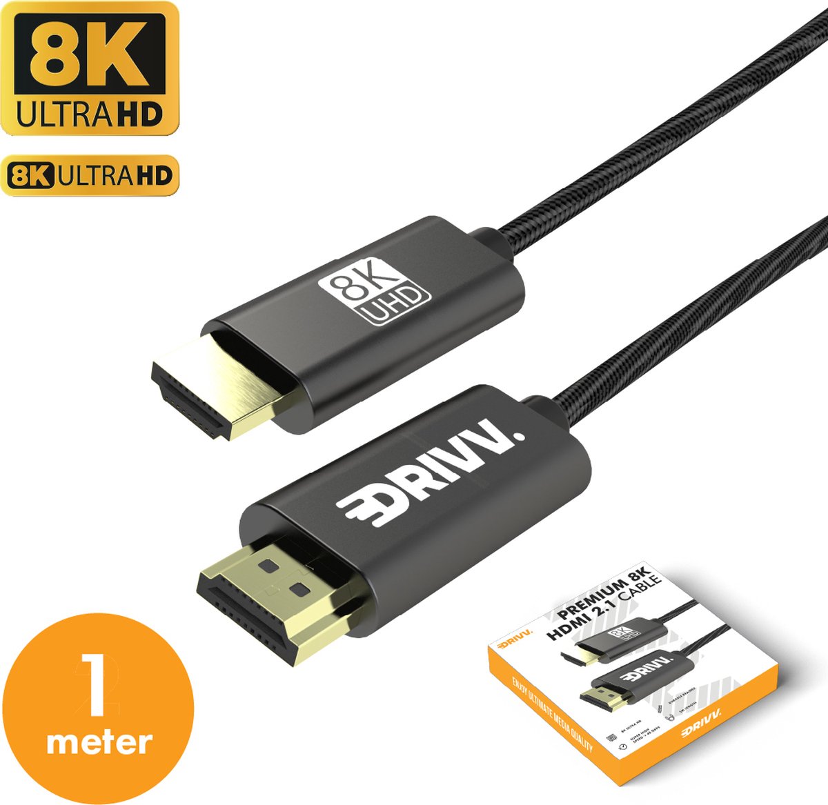 Drivv. HDMI Kabel 2.1 8K - Ultra HD High Speed - HDMI naar HDMI - Xbox Series X & PS5 - 1 meter - Nylon - Grijs